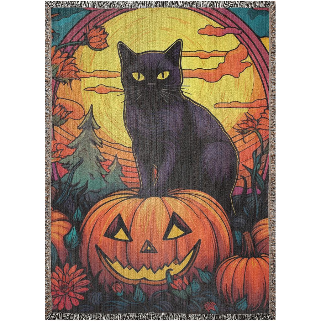 Black cat and jack o lanter Woven Blanket. Halloween throw blanket for Halloween lover or cat lady. Halloween home decor