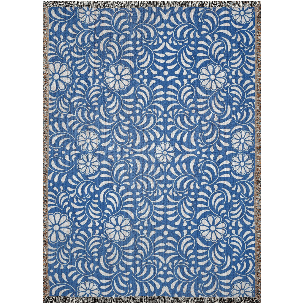 Blue floral woven blanket for Hispanic home decor or Latin decoration.
