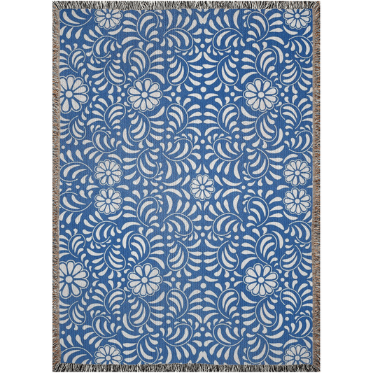 Blue floral woven blanket for Hispanic home decor or Latin decoration.