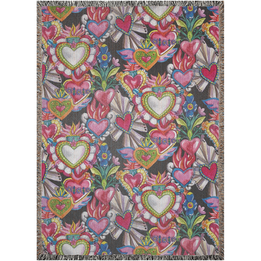 Collage of sacred hearts Woven Blanket. Mexican folklore art for him or her. Picnic blanket, beach blanket, throw blanket.