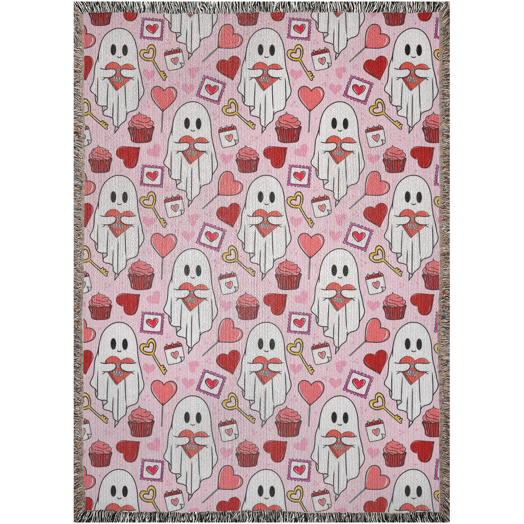 Ghost lover Woven Blankets for Valentine’s Day. Cute ghost holding hearts. Spooky Valentines Day.