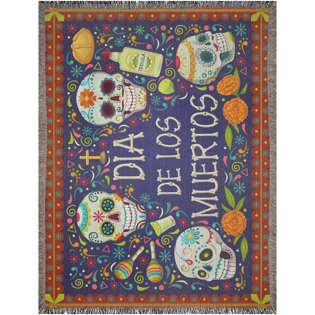 Dia de muertos Woven Blanket. Mexican tradition: Day of the dead with Sugar skulls art.