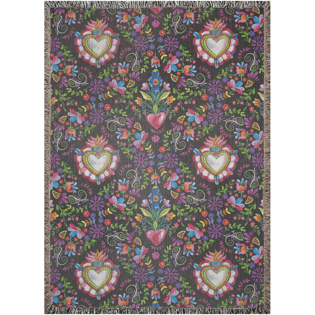 Flowers And Sacred Hearts Woven Blanket For Him Or Her. Christmas Gift For Friends. Housewarming Gift Ideas