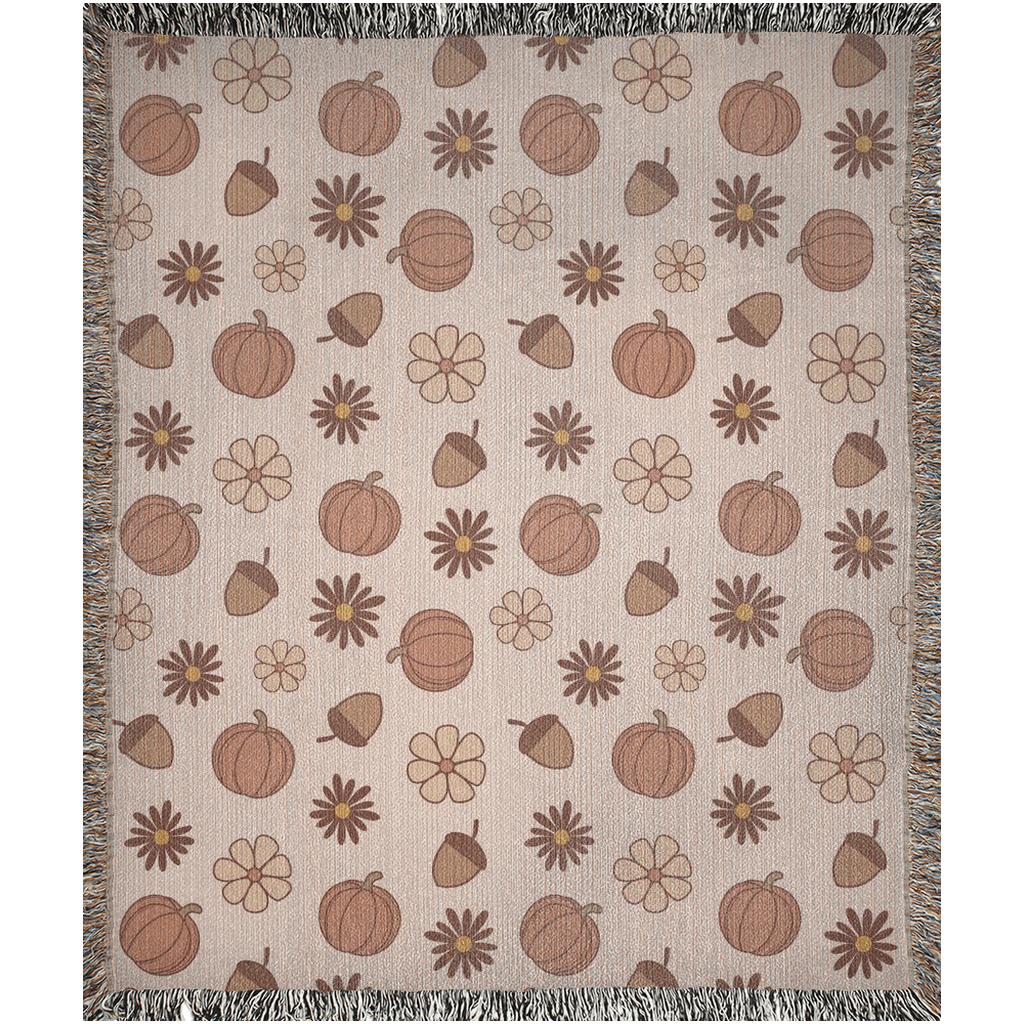 Fall Woven Blanket with pumpkins, acorn and flowers. Autumn home decor.