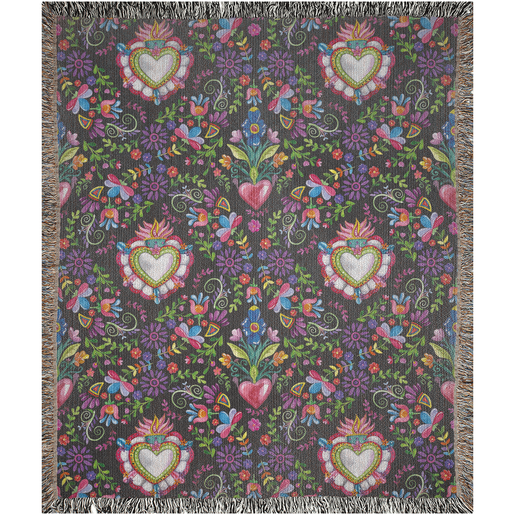 Flowers And Sacred Hearts Woven Blanket For Him Or Her. Christmas Gift For Friends. Housewarming Gift Ideas