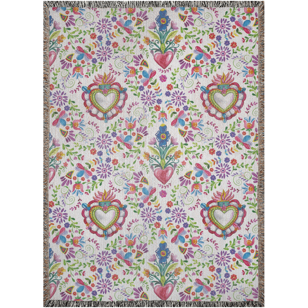 Flowers And Sacred Hearts Woven Blanket For Boho Home Decor Or Mexican Decor. Mexican Folk Art For Her