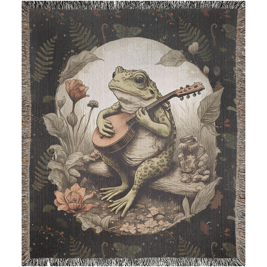 Frog Woven Blanket for Frog Lover or toad lover. Cottagecore home Decor. Frog Playing Banjo Art. Dark cottagecore decor.