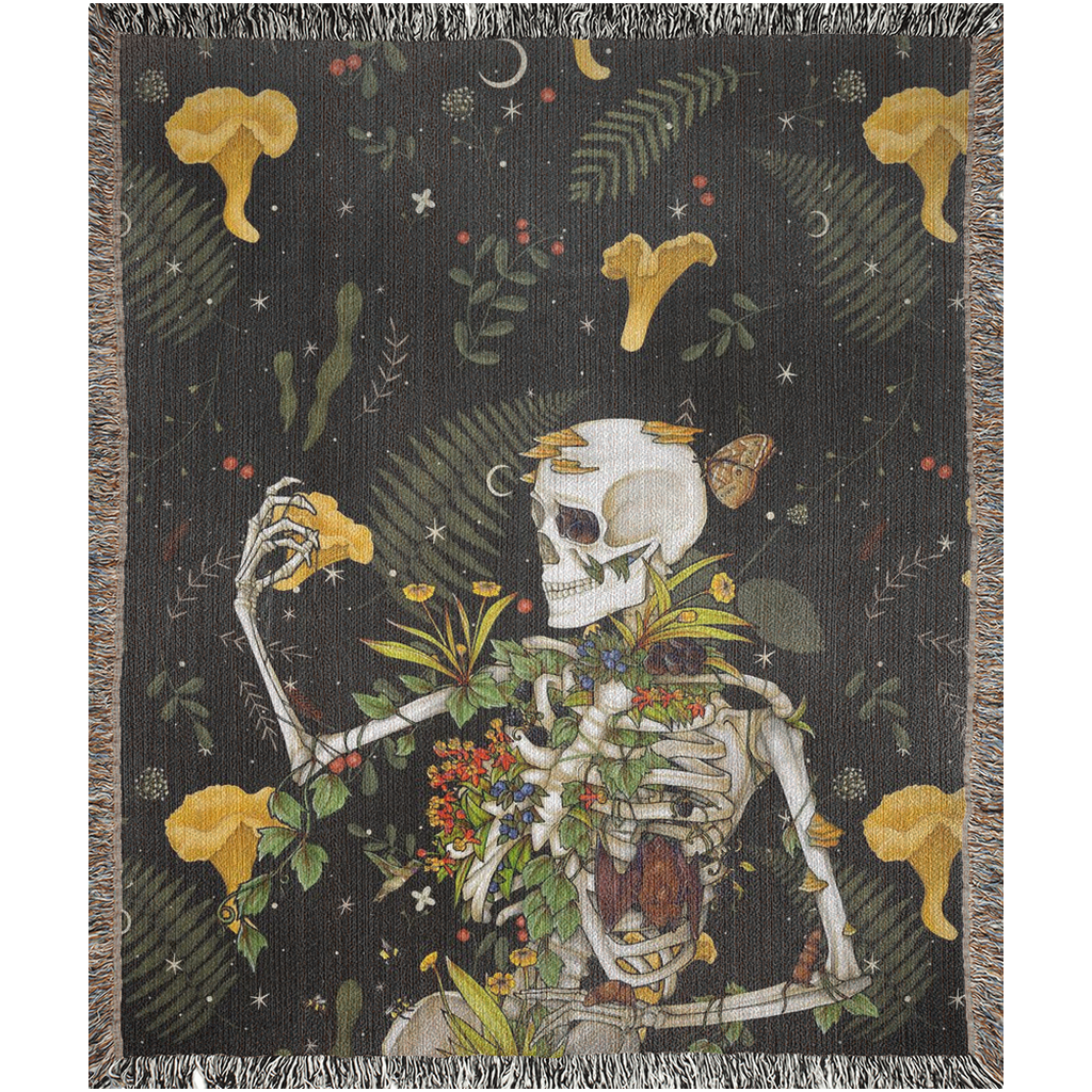 Forest skeleton blanket. Mushrooms, Skeleton And Plants Woven Blanket. Skeleton With Plants And Fungus art. Skeleton and mushrooms theme bedding. Cute Christmas gift