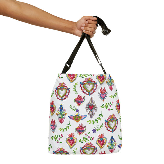 Sagrado corazon Adjustable Tote Bag. Mexican folk bag with zipper and pockets. sacred heart With plant leaves.