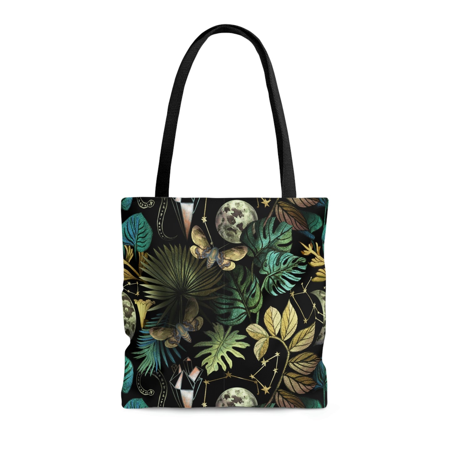 Mystical Tote Bag. Bag with monstera leaf, olants leaves, moon and stars.
