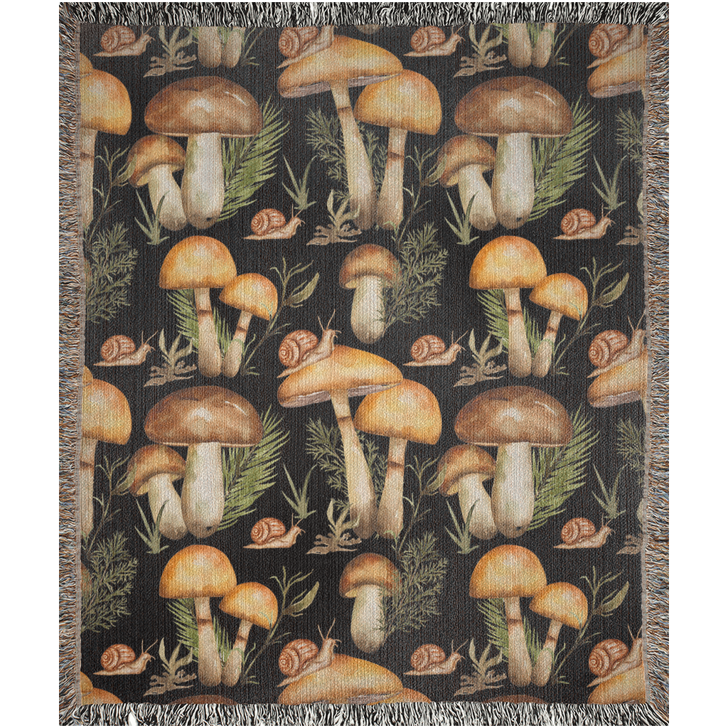 Mushroom Woven Blanket for mycologists. Snails, plants leaves and mushroom throw blanket