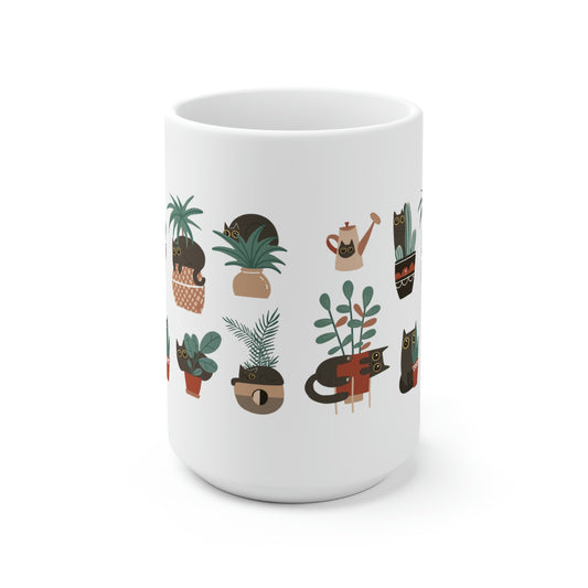 Black cat playing with house plants Ceramic Mug 15oz for catlovers and plant lovers.