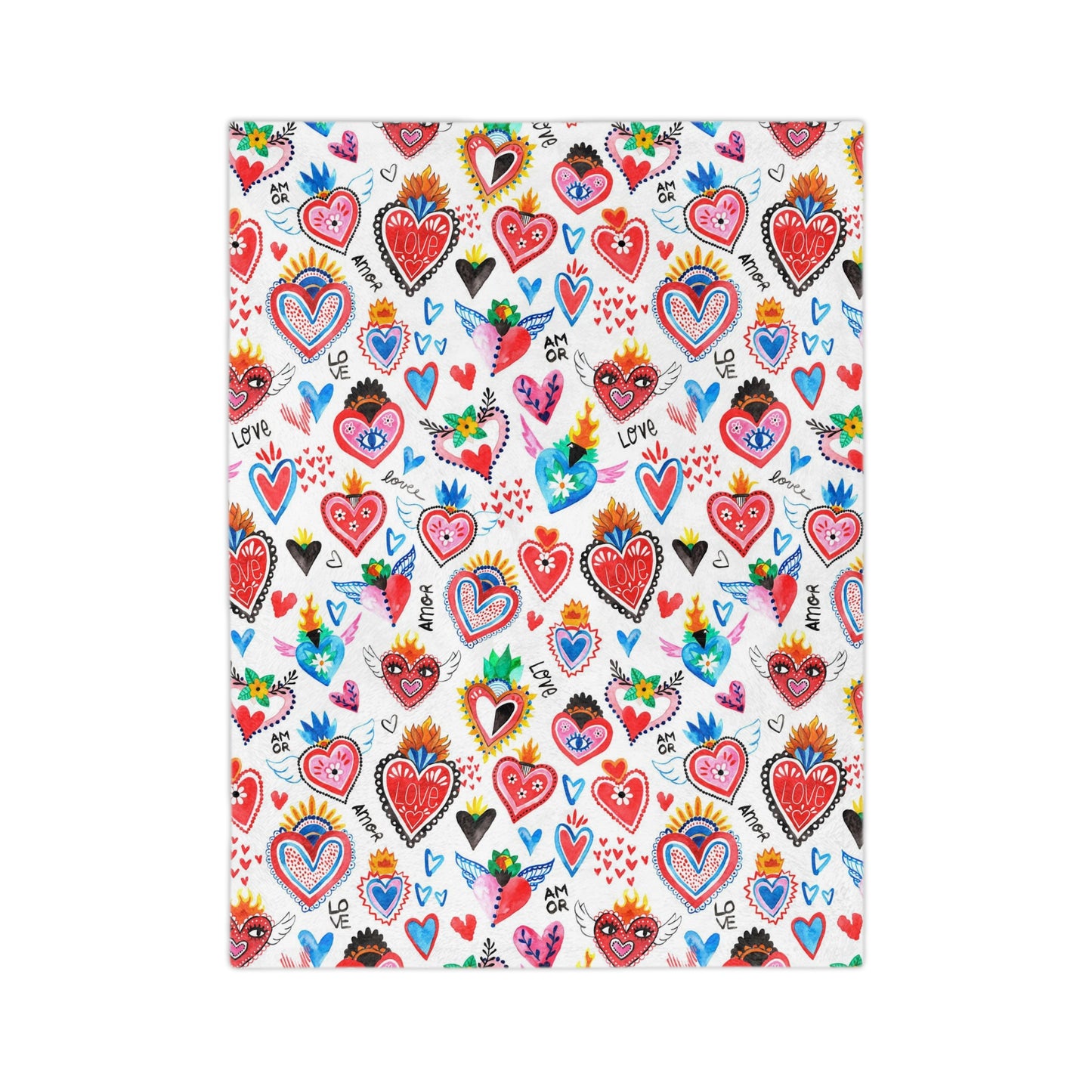 Cute sacred hearts Velveteen Minky Blanket. Sagrado corazon blanket for her. Mexican folk art