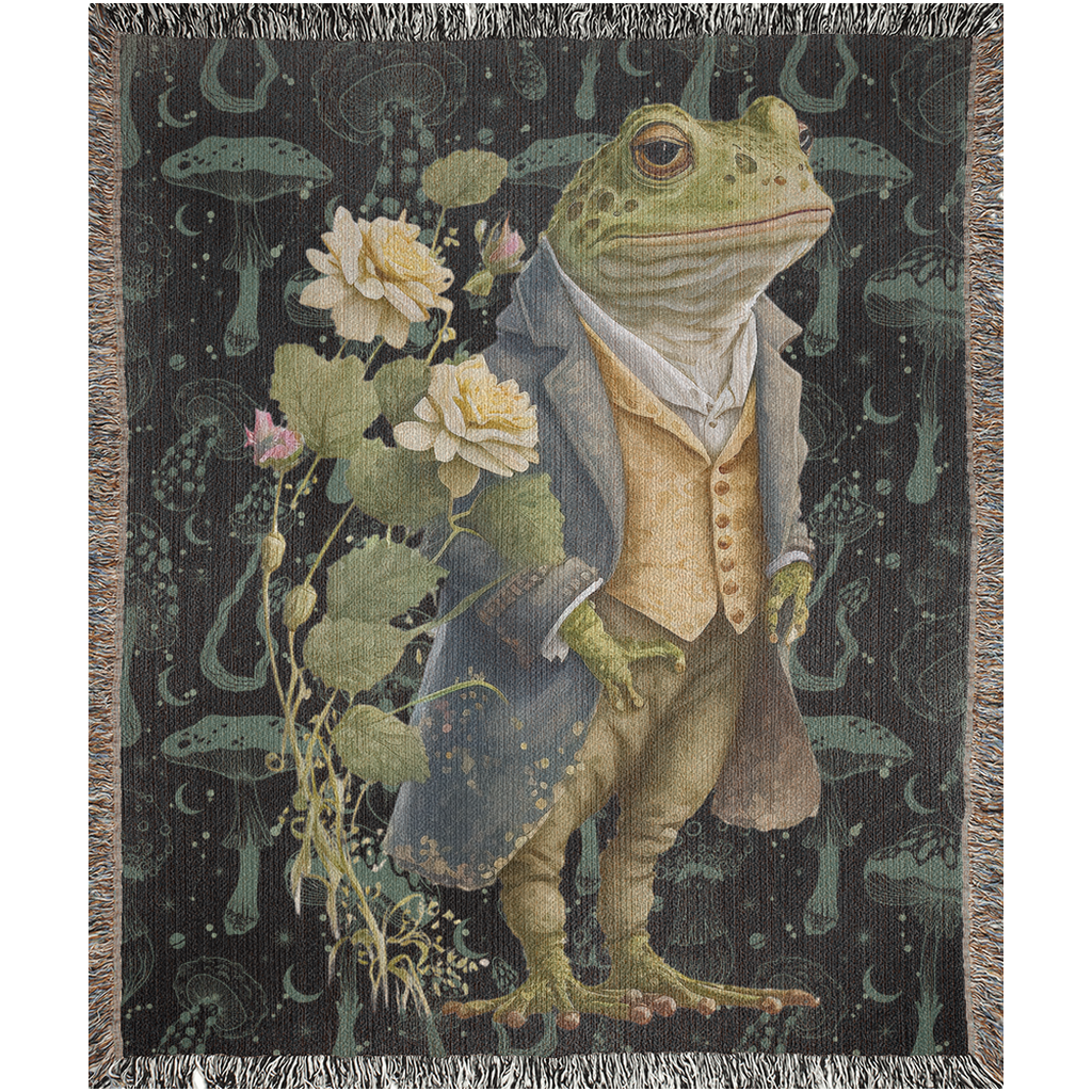 Frog, Mushrooms, Flowers Woven Blanket. Retro frog tapestry. Mr frog with mushrooms. Toad tapestry. Frog bedding for him. Cottagecore gift.