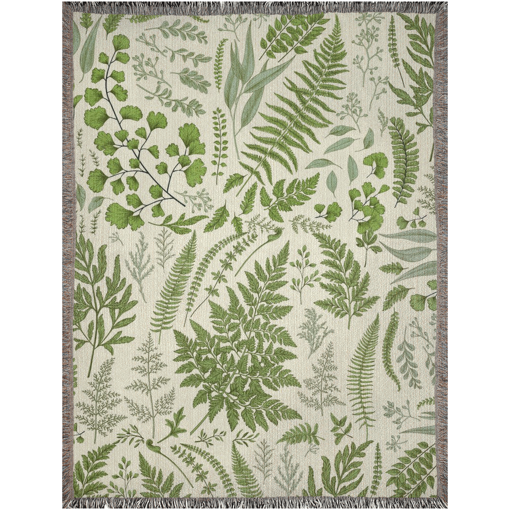 Botanical Woven Blanket With Fern Leaves for her. Green Leaves For Horticulture, plant lover or nature lover. Fern bedding for horticulture