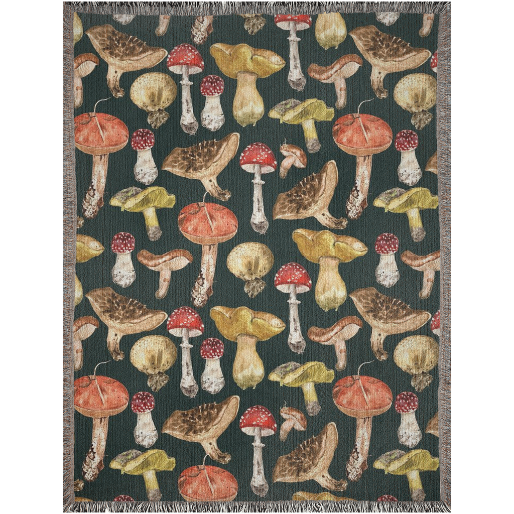 Mushroom Woven Blankets. Gift For Mushrooms Lover. Throw blanket with red mushroom, brown mushrooms and more. Cottagecore tapestry blanket