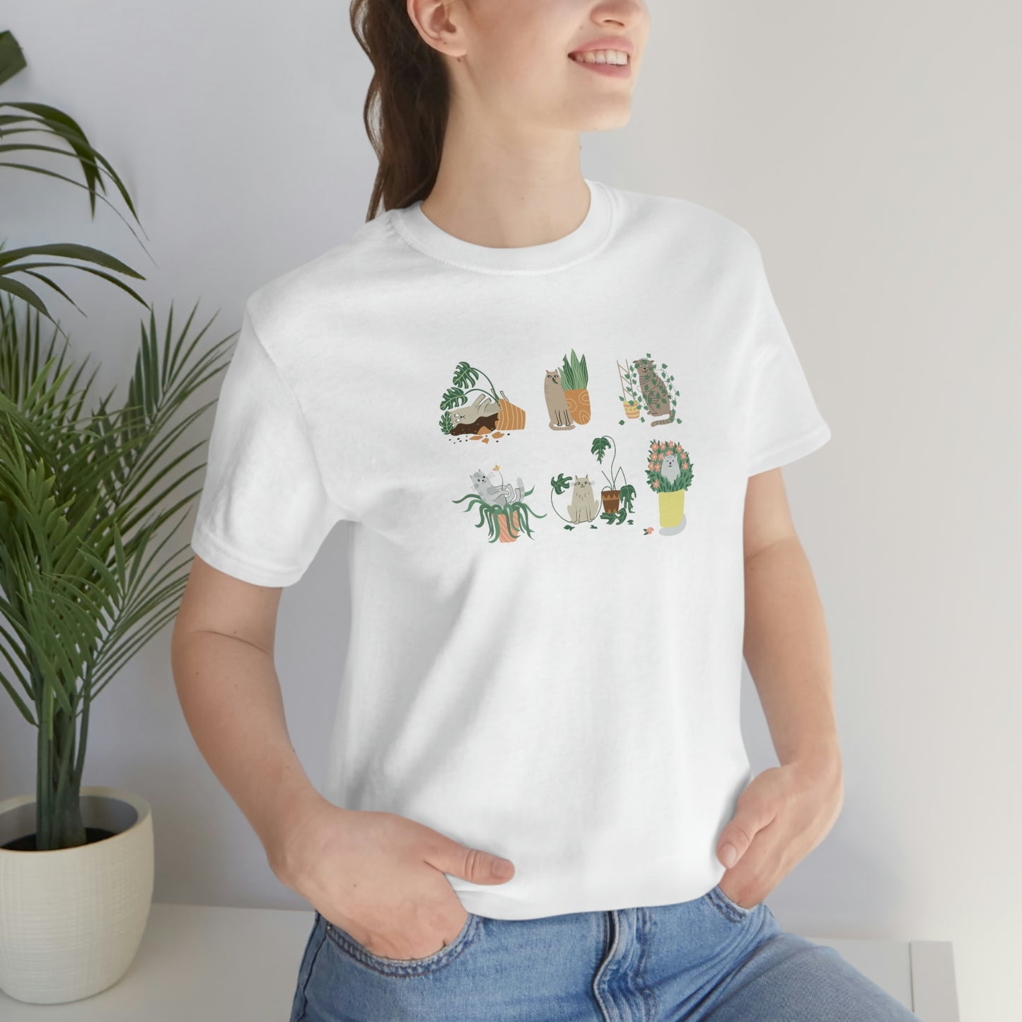 Cat and plants Unisex Jersey Short Sleeve Tee for cat lady and plant lover