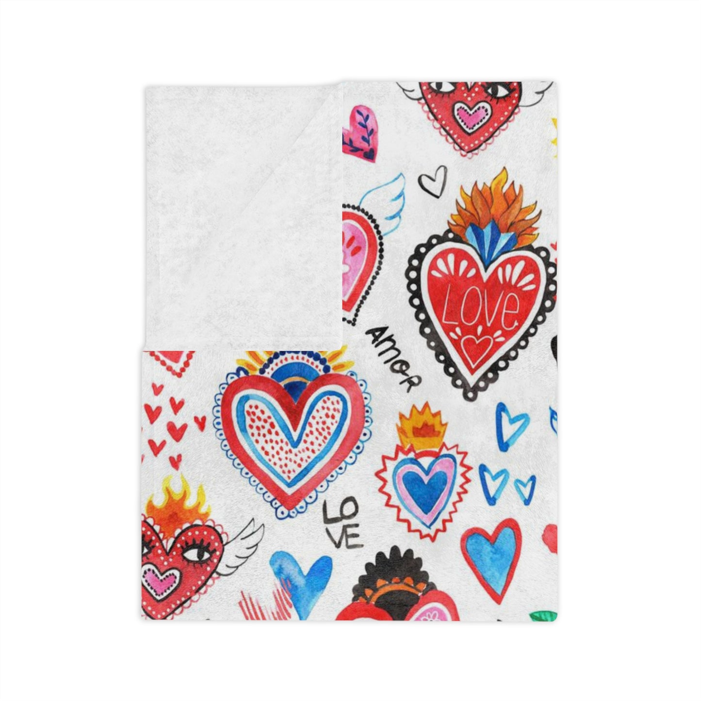 Cute sacred hearts Velveteen Minky Blanket. Sagrado corazon blanket for her. Mexican folk art