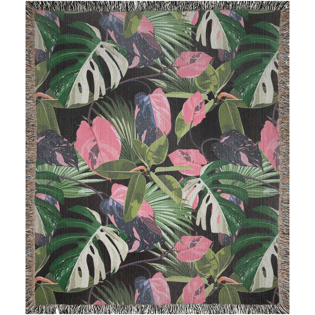 philodendron blanket Monstera Variegated albo, Philodendron Pink Princes And Ficus Elastica Woven Blanket. Rare plants art. Pink leaves with white monstera art