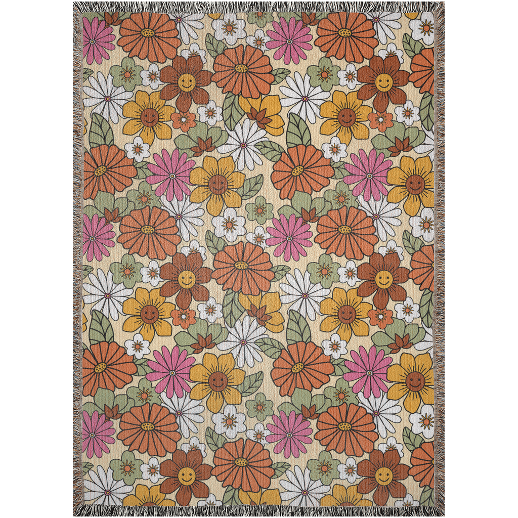 Happy flowers Woven Blankets with autumn colors. Groovy daisy Flowers Blanket for fall season .