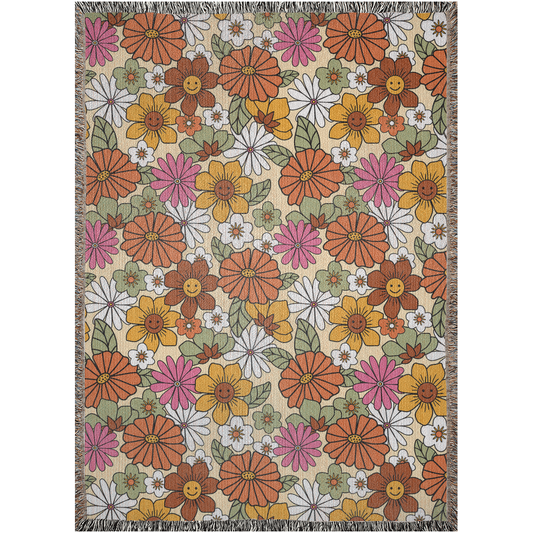 Happy flowers Woven Blankets with autumn colors. Groovy daisy Flowers Blanket for fall season .