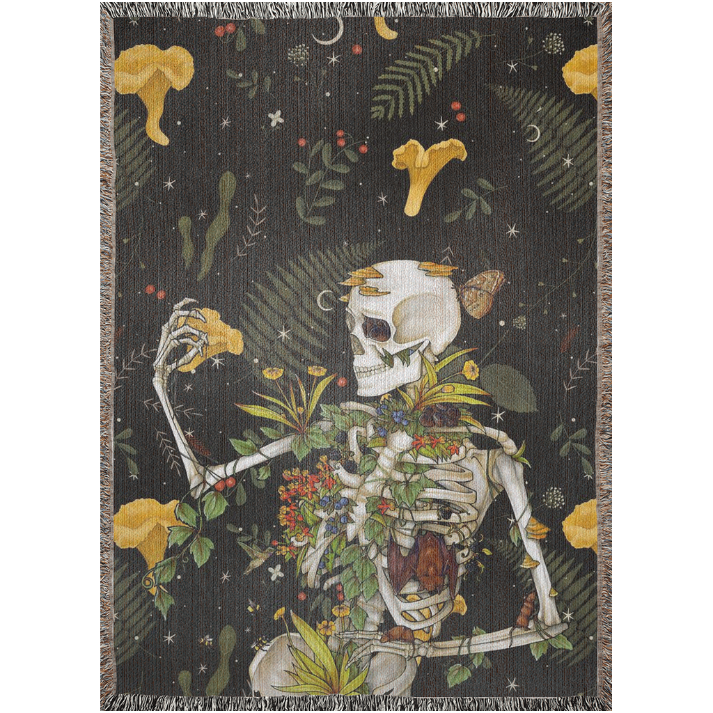 Forest skeleton blanket. Mushrooms, Skeleton And Plants Woven Blanket. Skeleton With Plants And Fungus art. Skeleton and mushrooms theme bedding. Cute Christmas gift