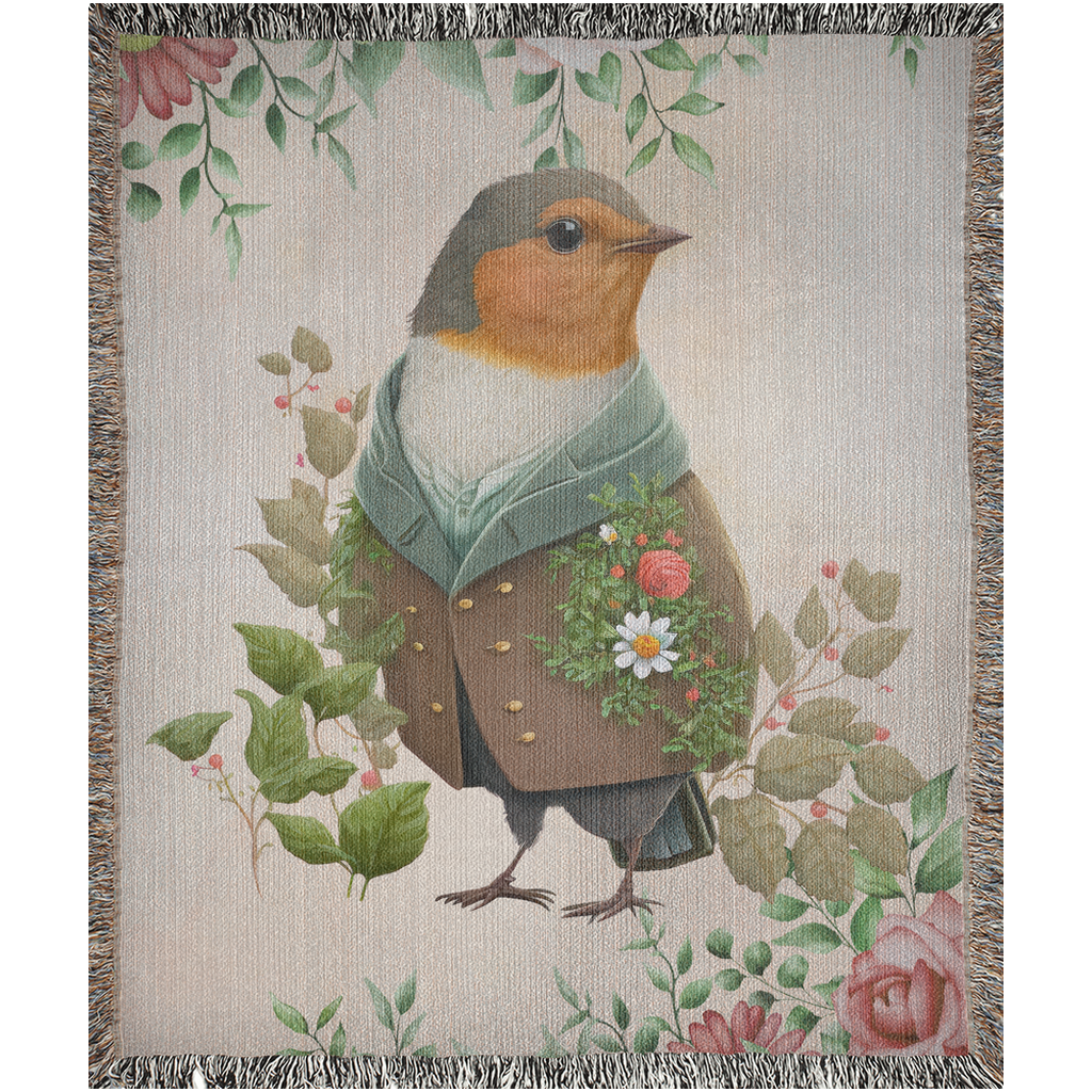 Robin with flower and plant leaves Woven Blankets