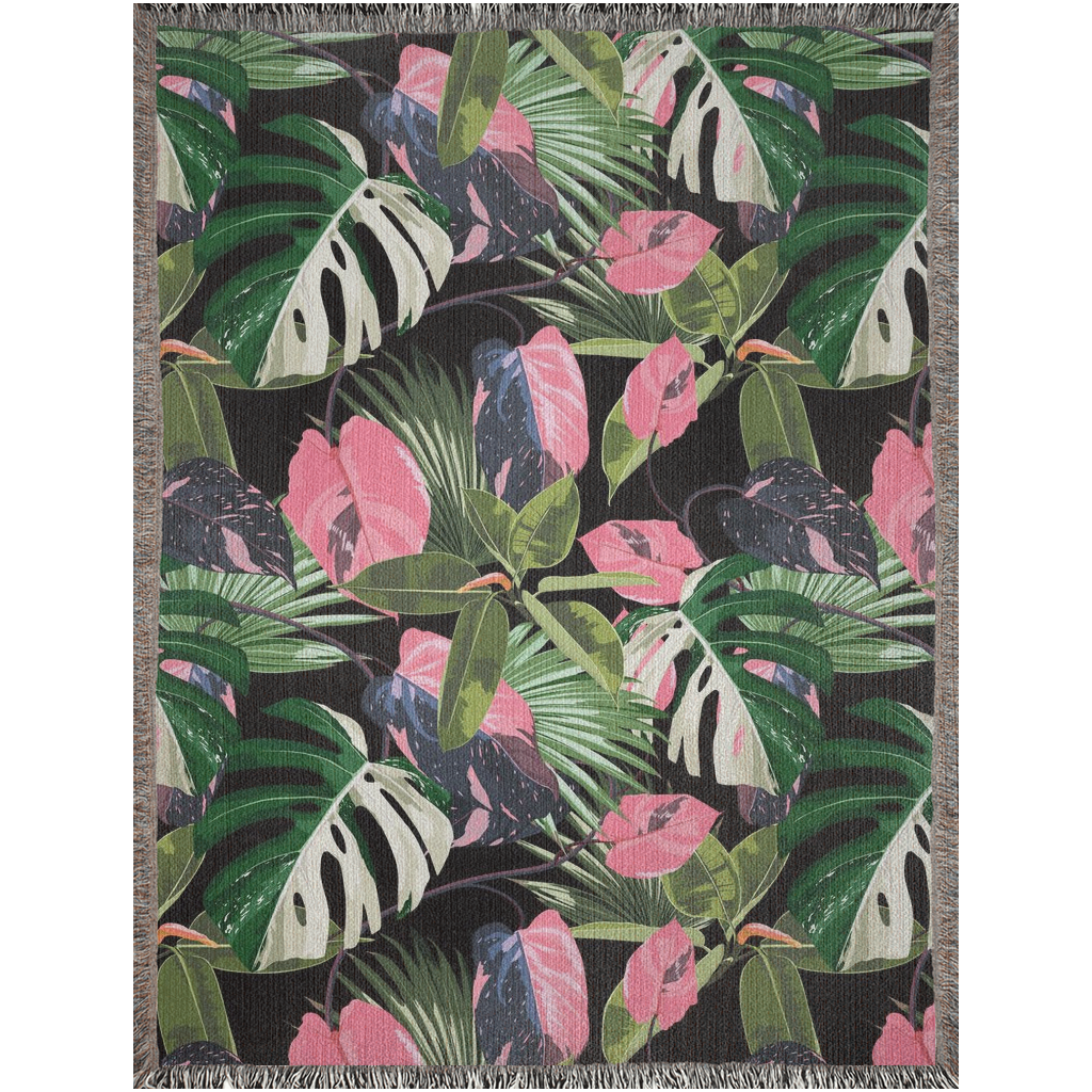 philodendron blanket Monstera Variegated albo, Philodendron Pink Princes And Ficus Elastica Woven Blanket. Rare plants art. Pink leaves with white monstera art