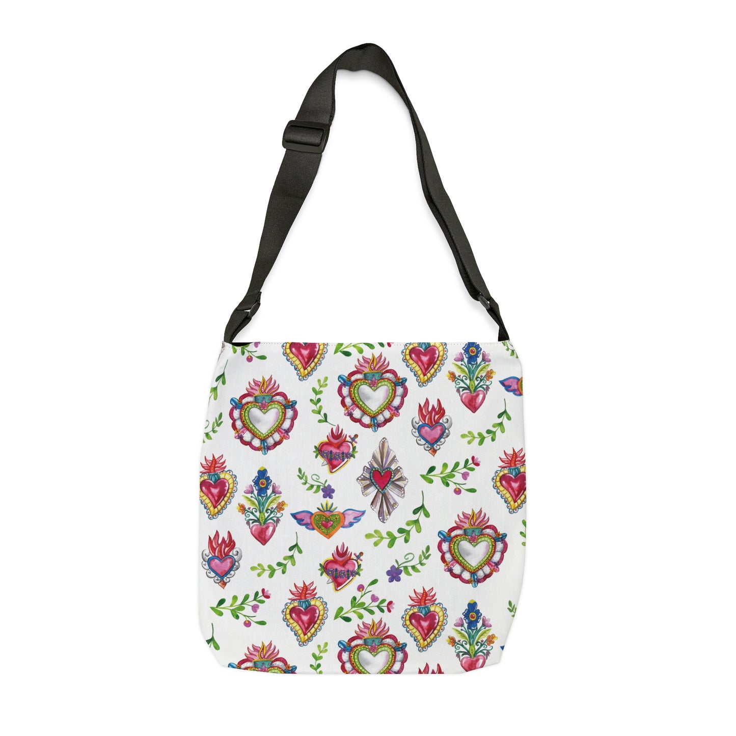 Sagrado corazon Adjustable Tote Bag. Mexican folk bag with zipper and pockets. sacred heart With plant leaves.