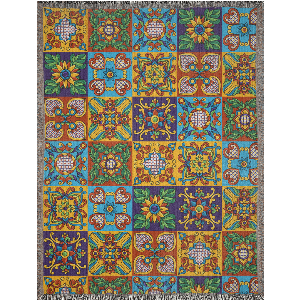 Talavera Tile Woven Blanket. Colorful Talavera Blanket. Flowers Bedding. Plant Blanket. Blanket Tapestry. Talavera home deco. Floral