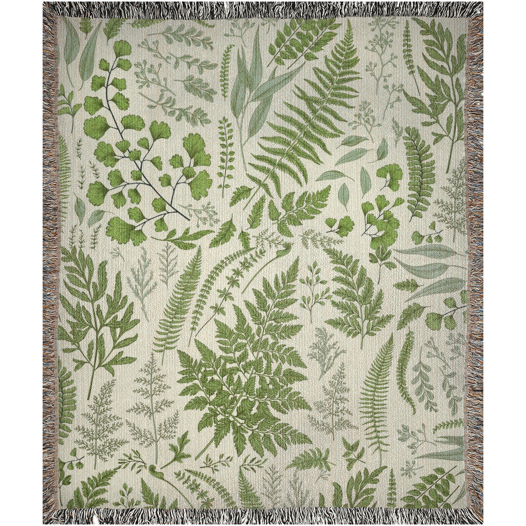 Botanical Woven Blanket With Fern Leaves for her. Green Leaves For Horticulture, plant lover or nature lover. Fern bedding for horticulture