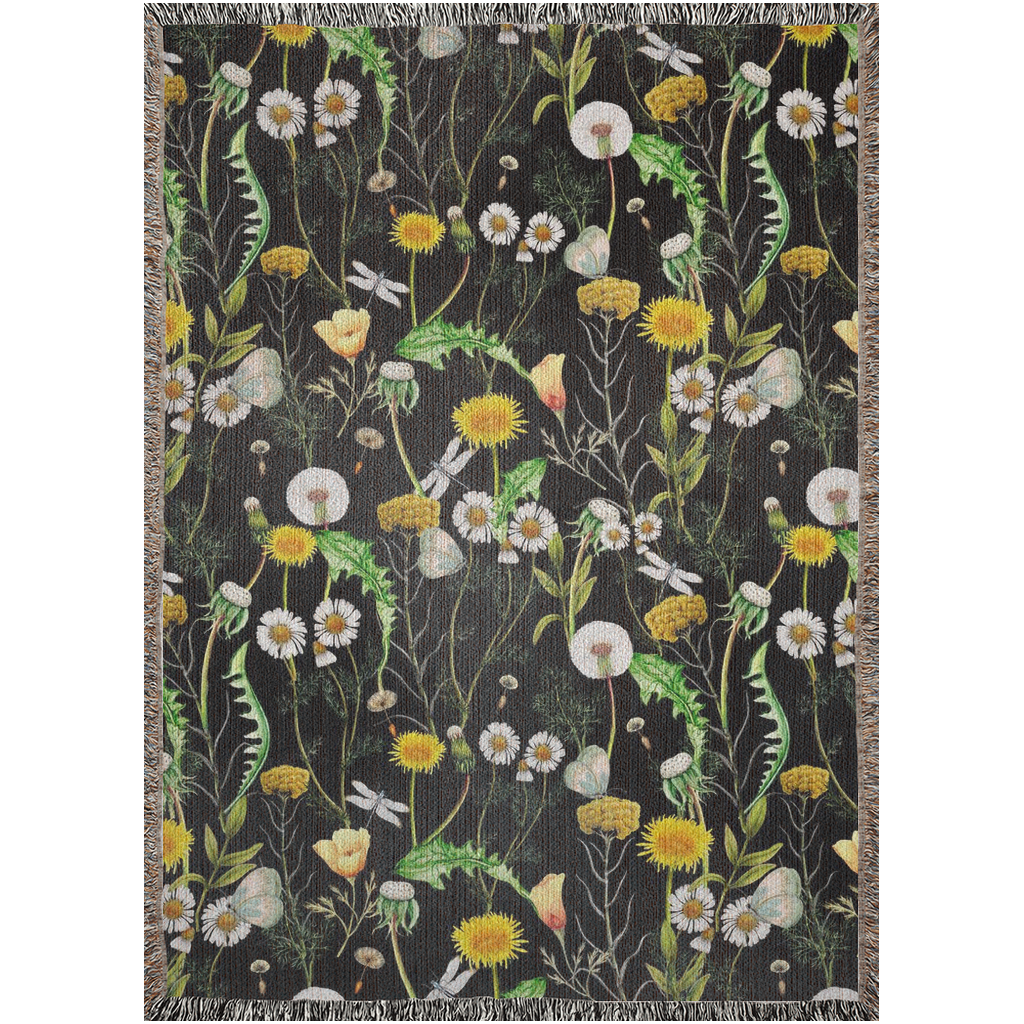 Wild Flowers with Dandelion plants Woven Blanket. Taraxacum herbs art. Yellow and white Wildflower with dragonfly and butterfly art blanket.