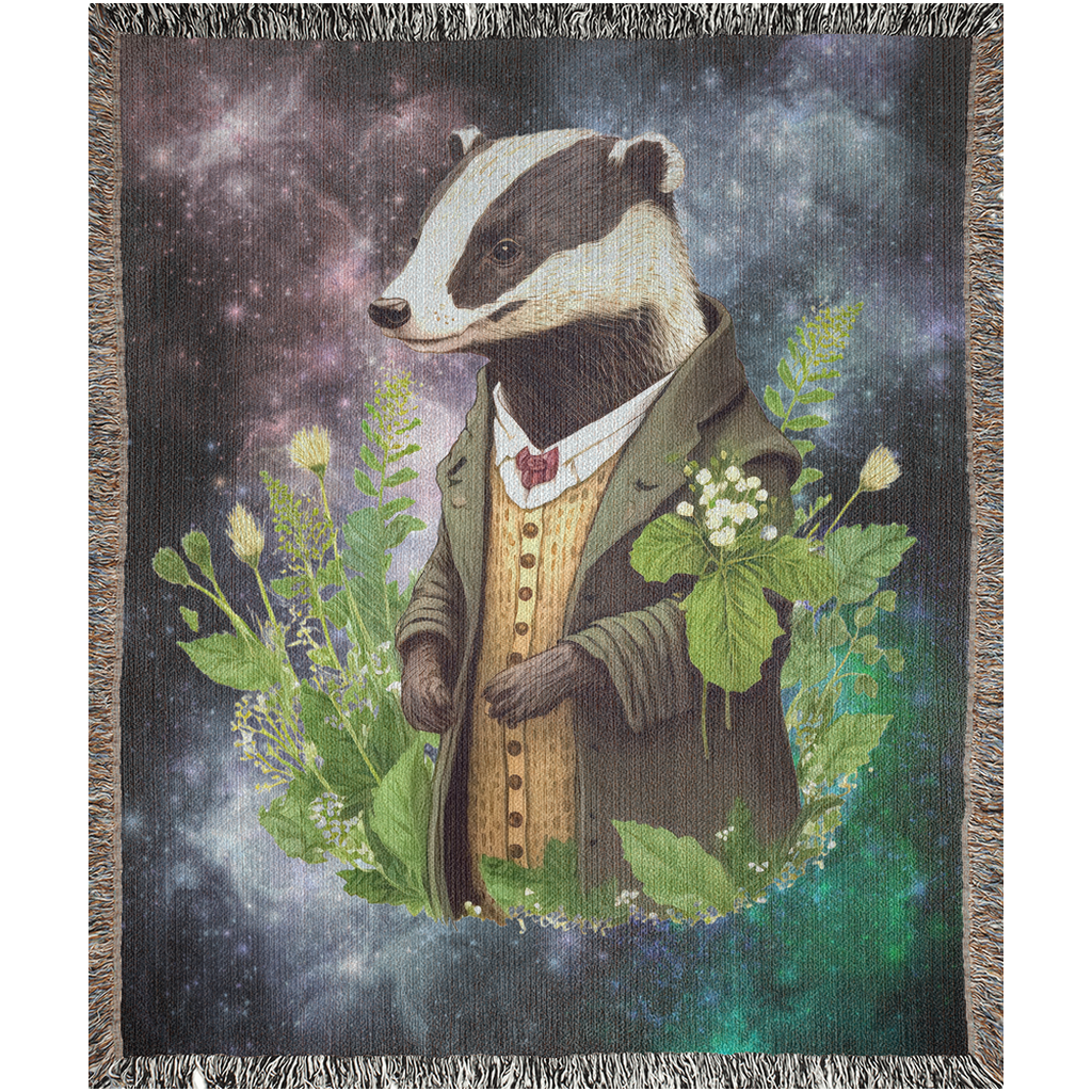 Badger Woven Blanket. Badger with plant leaves in the universe.