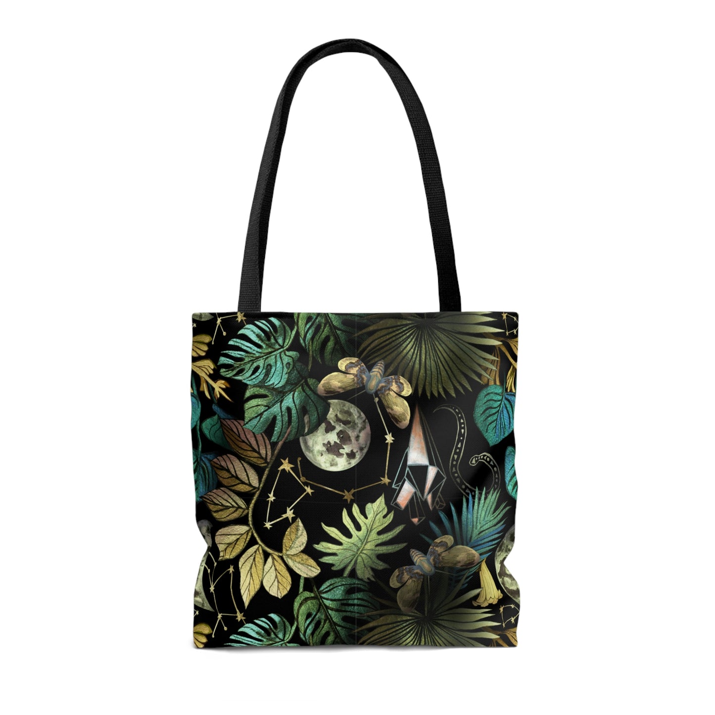 Mystical Tote Bag. Bag with monstera leaf, olants leaves, moon and stars.