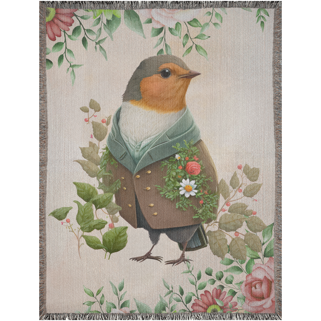 Robin with flower and plant leaves Woven Blankets