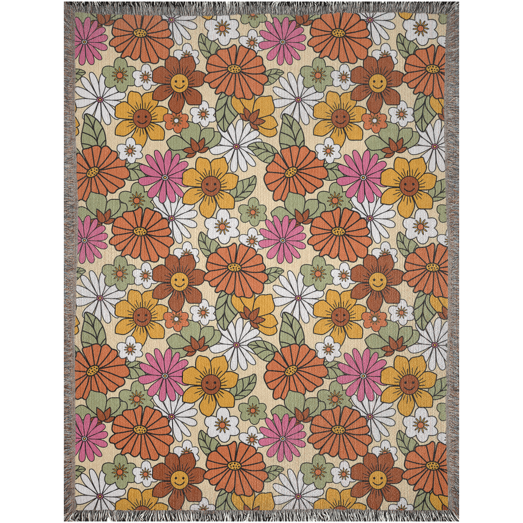 Happy flowers Woven Blankets with autumn colors. Groovy daisy Flowers Blanket for fall season .