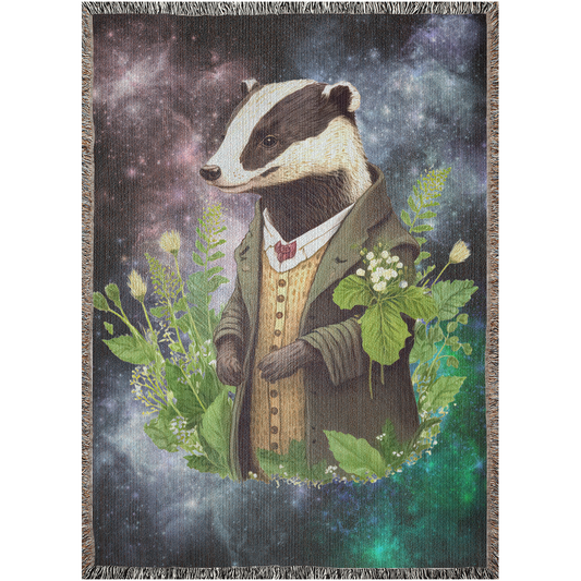 Badger Woven Blanket. Badger with plant leaves in the universe.