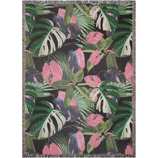 Monstera Variegated albo, Philodendron  Pink Princes And Ficus Elastica Woven Blanket. Rare plants art. Pink leaves with white monstera art