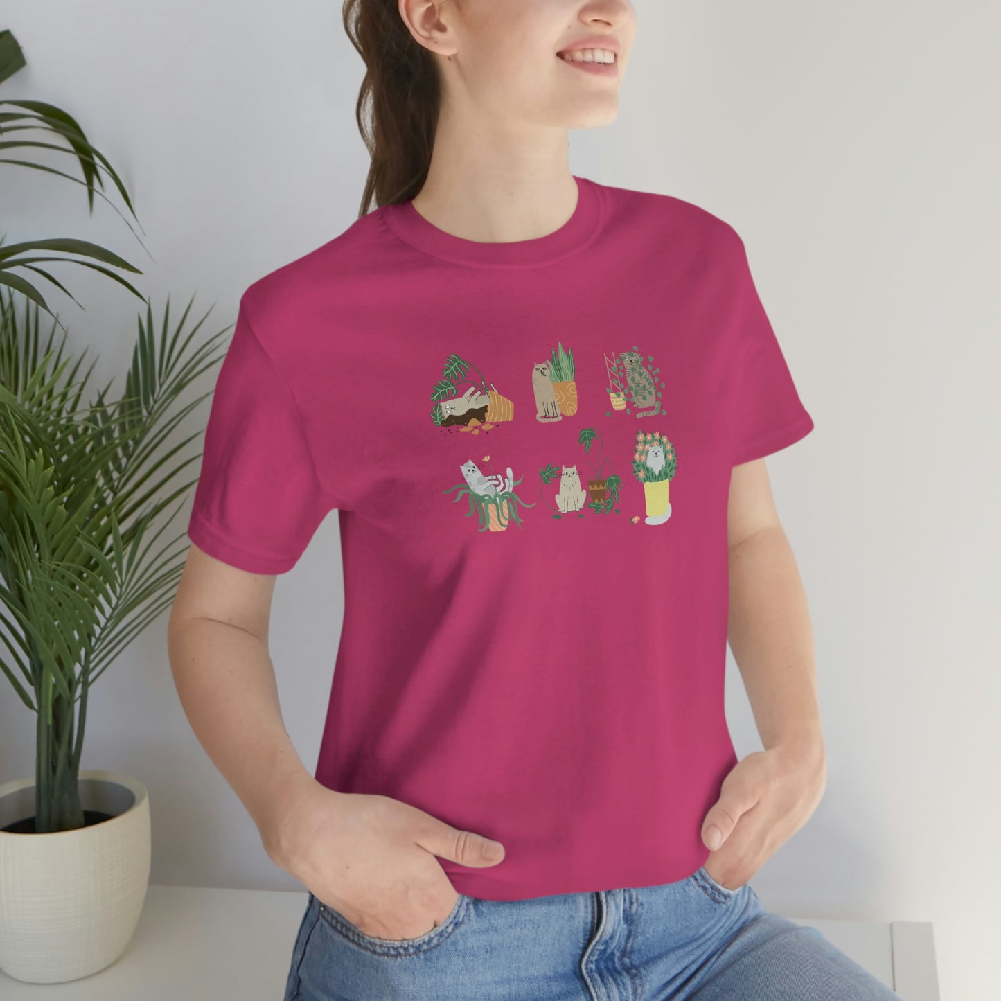 Cat and plants Unisex Jersey Short Sleeve Tee for cat lady and plant lover