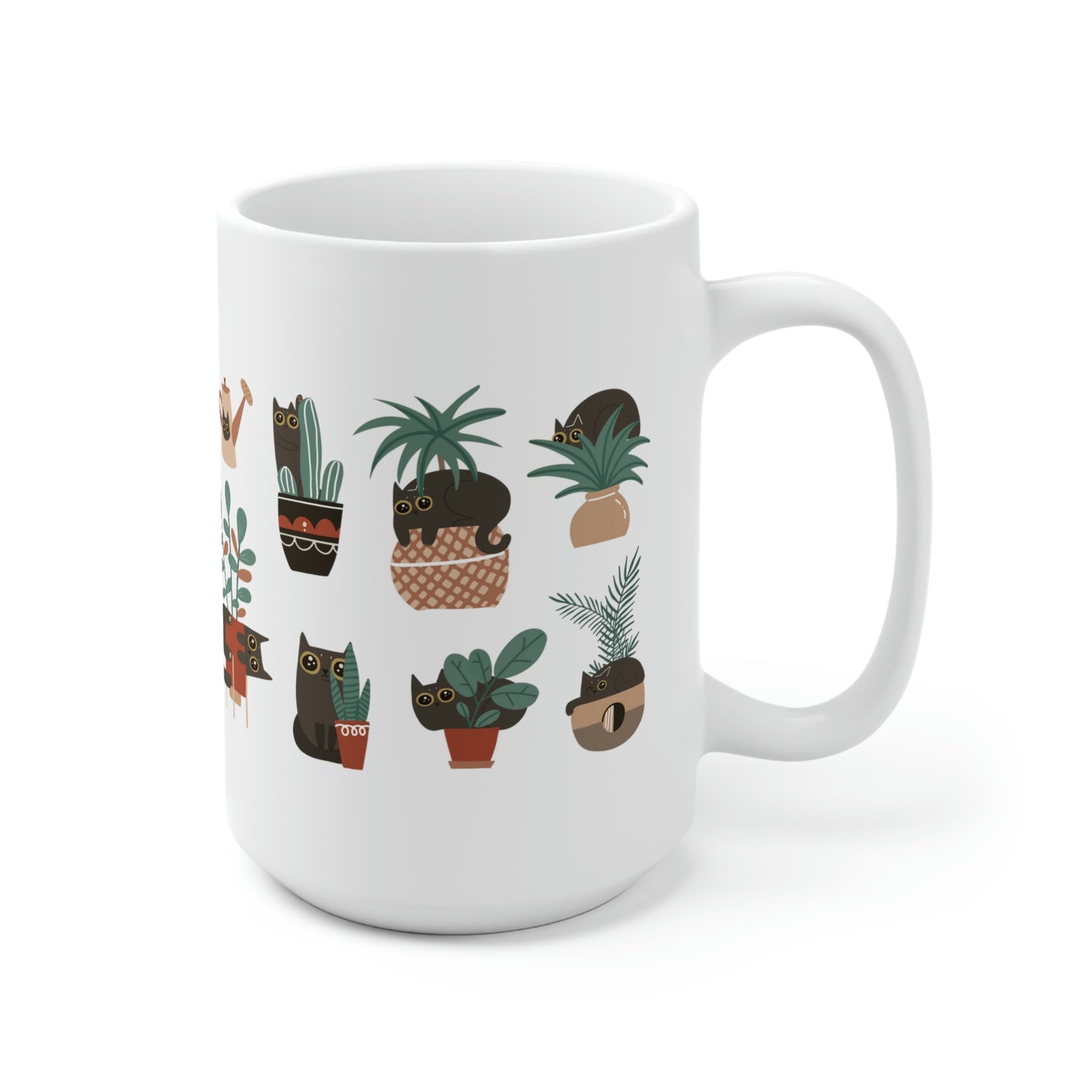 Black cat playing with house plants Ceramic Mug 15oz for catlovers and plant lovers.