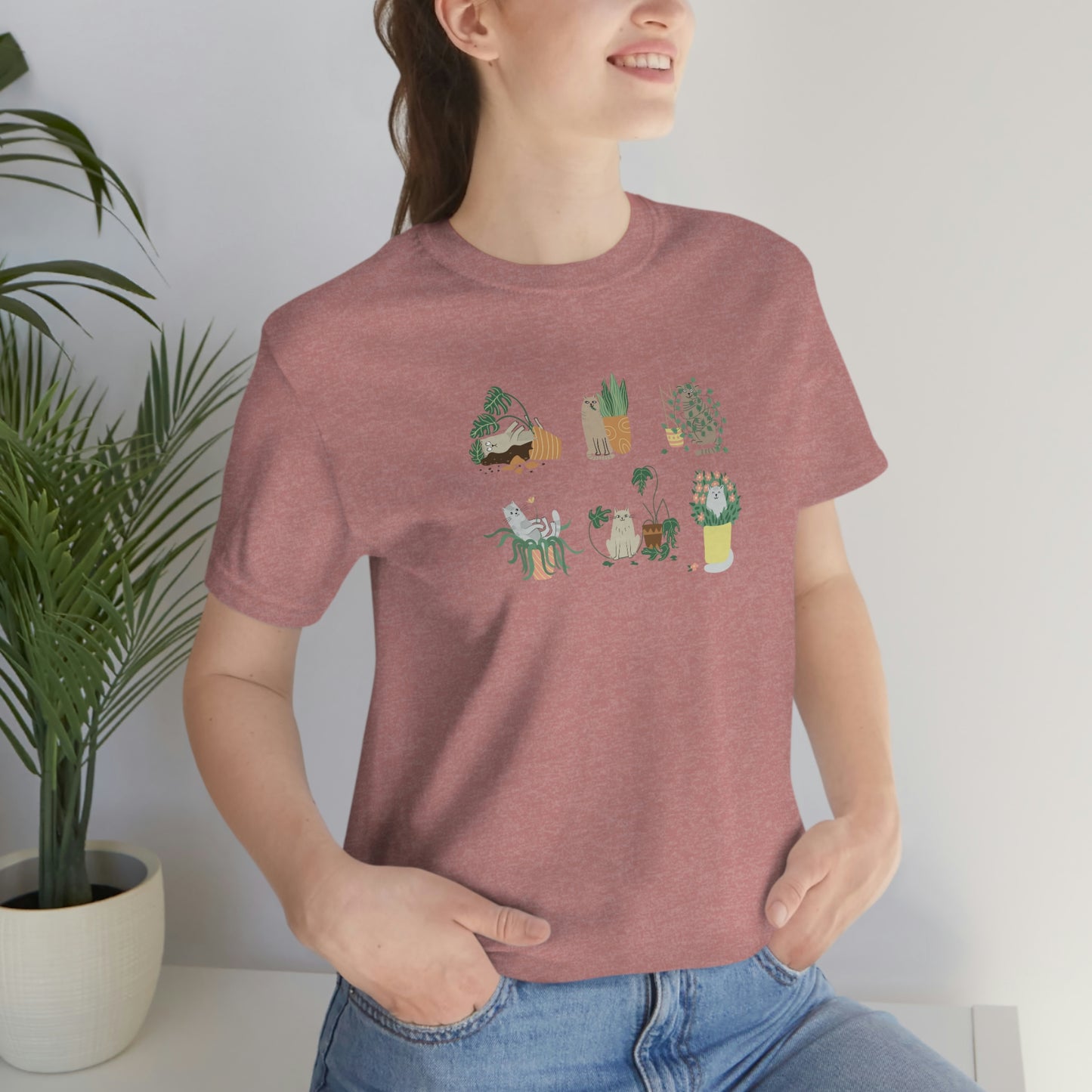 Cat and plants Unisex Jersey Short Sleeve Tee for cat lady and plant lover