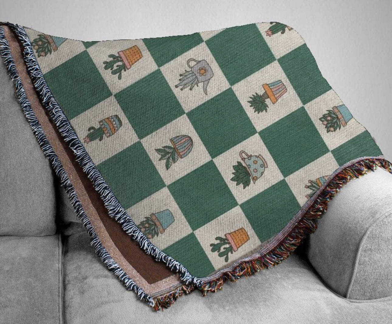 Plant checkered Woven Blanket. aesthetic checkered decor Green Chess With Potted Plants For Plant Lovers. Plant theme home decor.