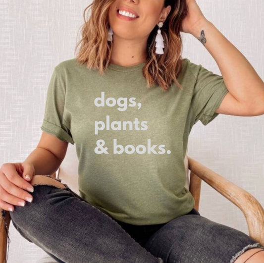 Dog plants and books shirt. Unisex Heavy Cotton tshirt for book lover, dog lover and plant lover