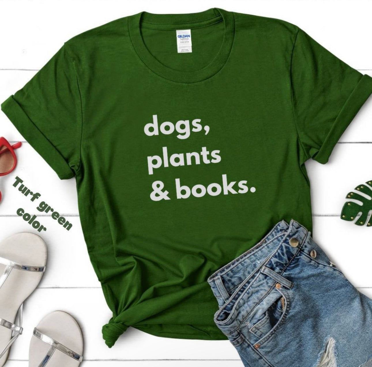 Dog plants and books shirt. Unisex Heavy Cotton tshirt for book lover, dog lover and plant lover